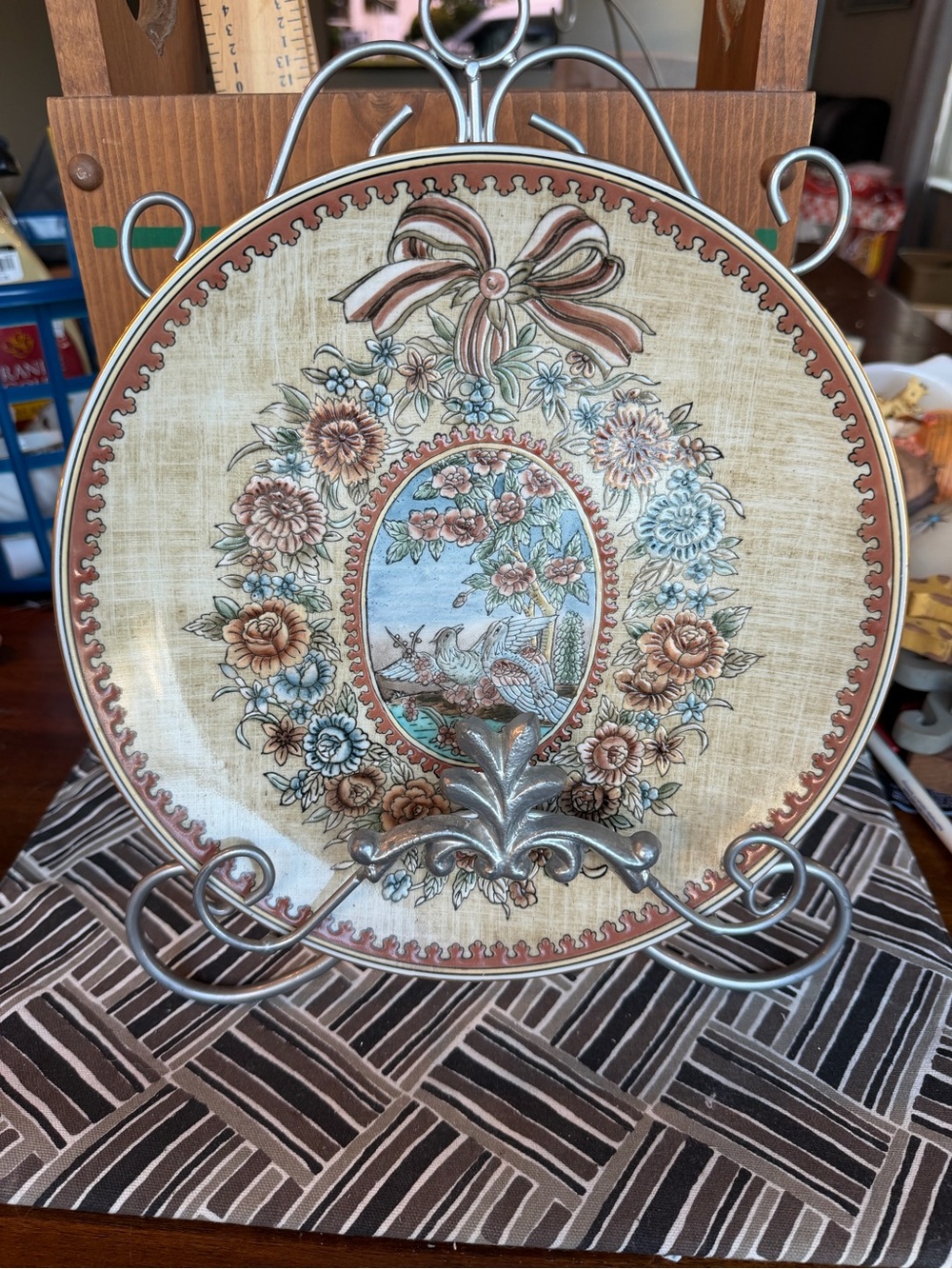 Floral & Bird Ceramic Display Plate in Cream and Brown